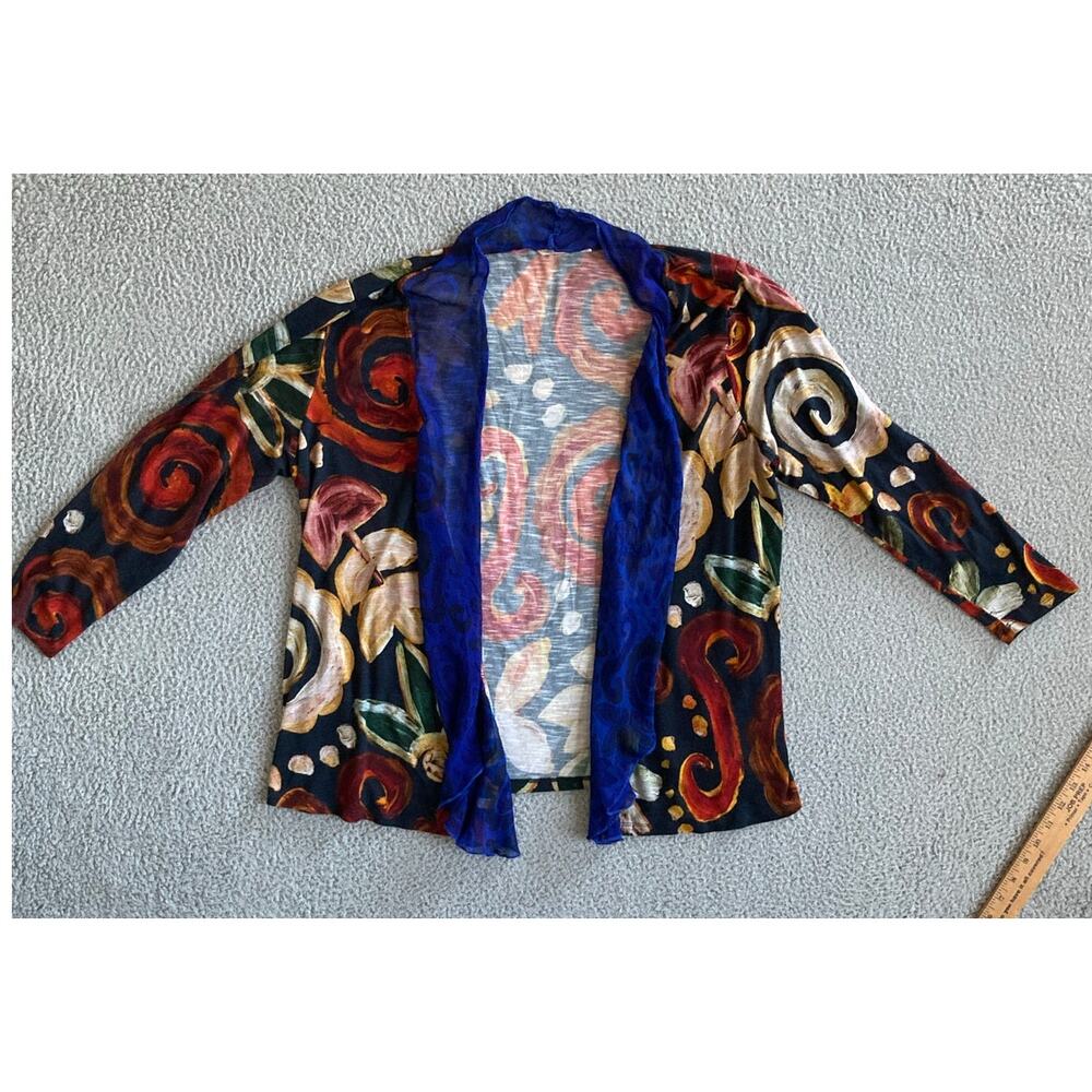 Soft Surroundings Cardigan XL Abstract Art Open Stretch Boho Hippie Red Blue